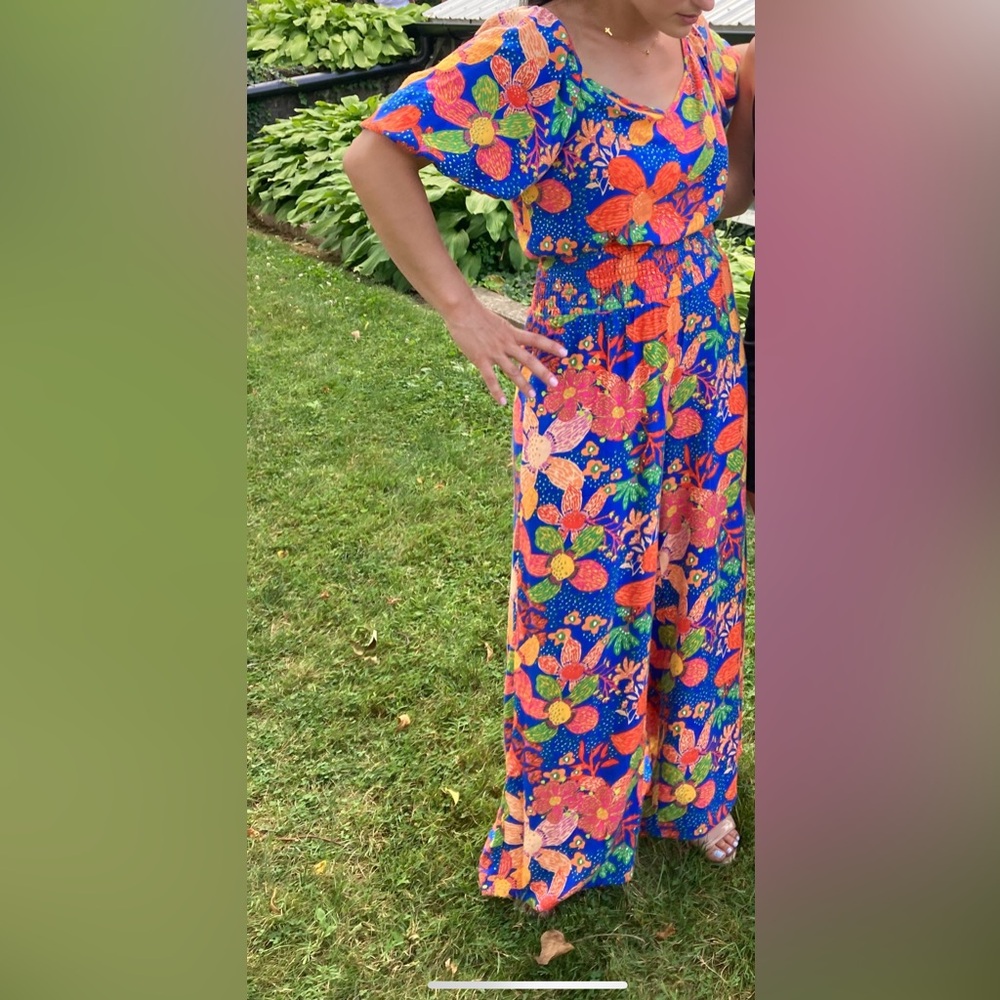 Sienna Sky Bright Blue Floral Maxi Dress with Orange and Pink Flowers